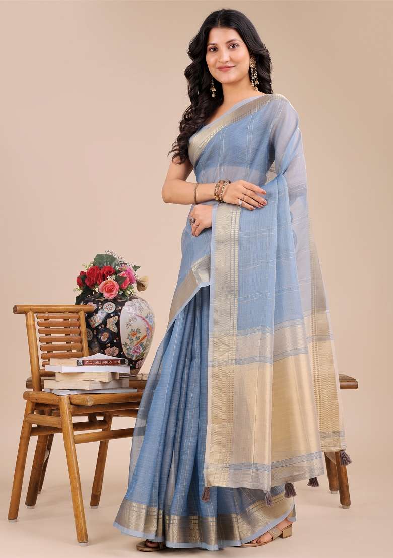 Sky Blue Woven Zari Work Organza Saree Set - Indya