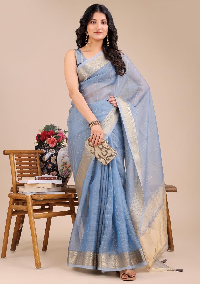 Sky Blue Woven Zari Work Organza Saree Set