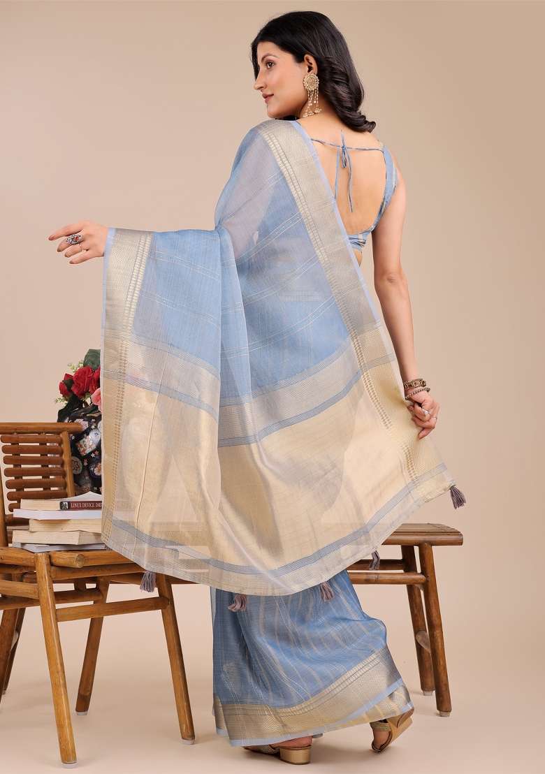 Sky Blue Woven Zari Work Organza Saree Set - Indya