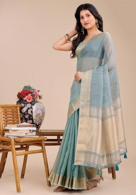 Sea Green Woven Zari Work Organza Saree Set