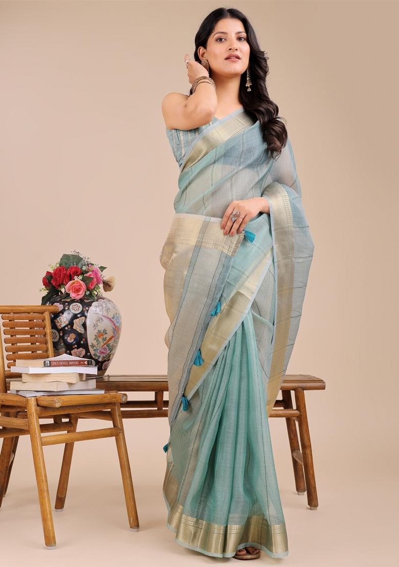 Sea Green Woven Zari Work Organza Saree Set