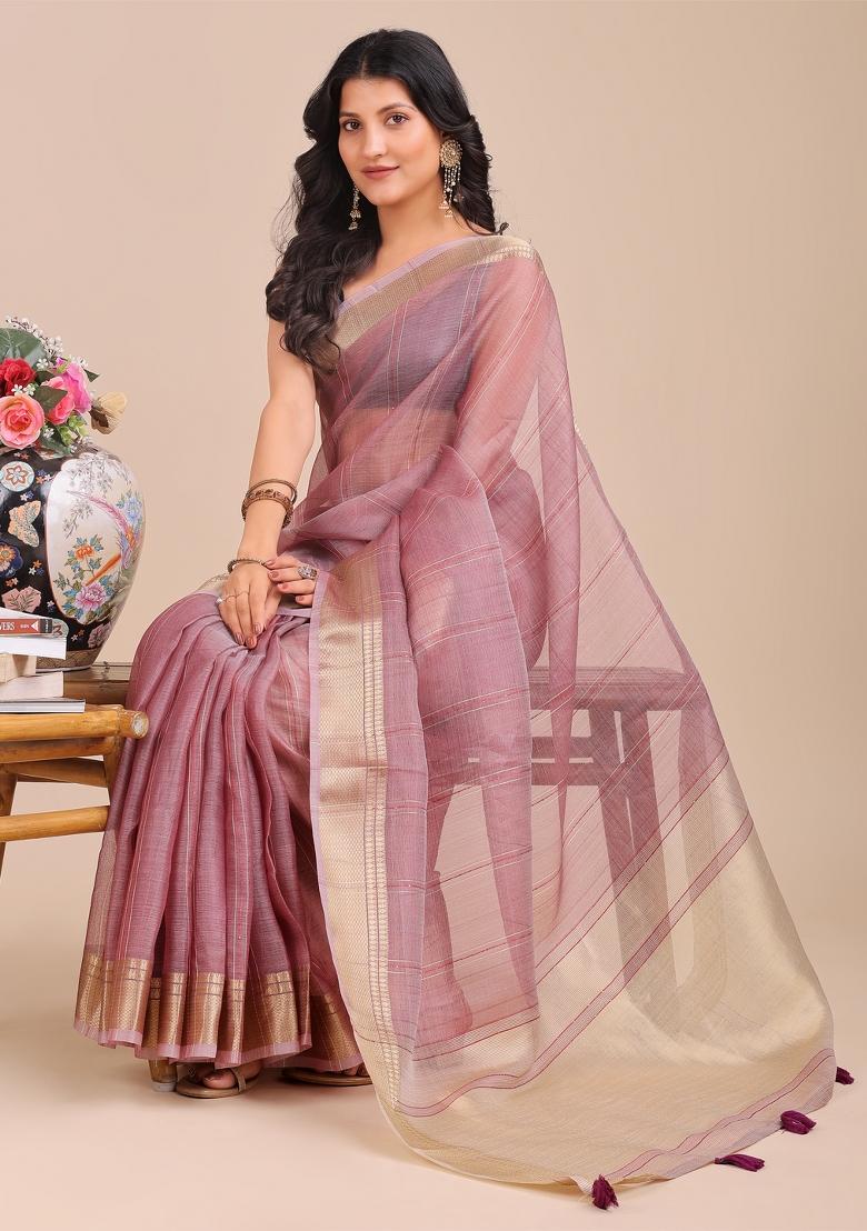 Purple Woven Zari Work Organza Saree Set