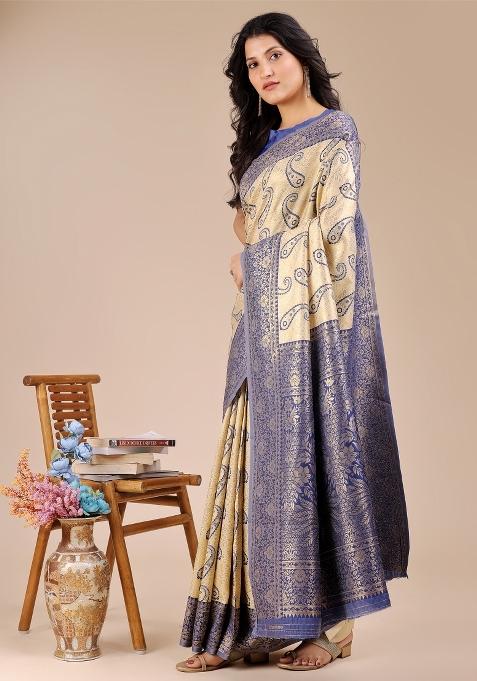Cream And Navy Blue Woven Zari Work Banarasi Silk Saree Set