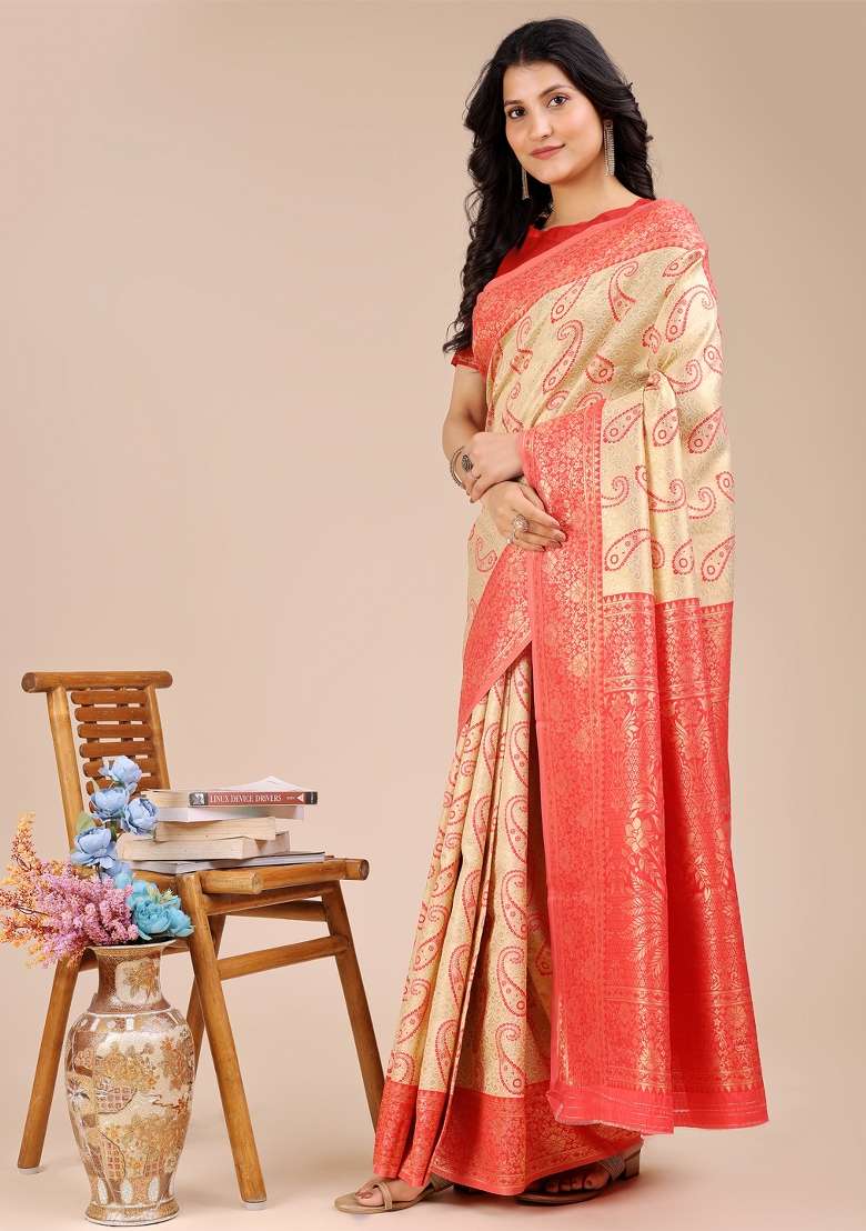 Cream And Red Woven Zari Work Banarasi Silk Saree Set - Indya