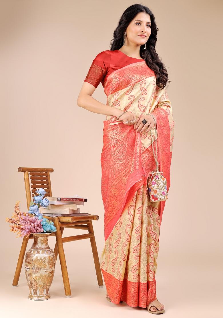 Cream And Red Woven Zari Work Banarasi Silk Saree Set