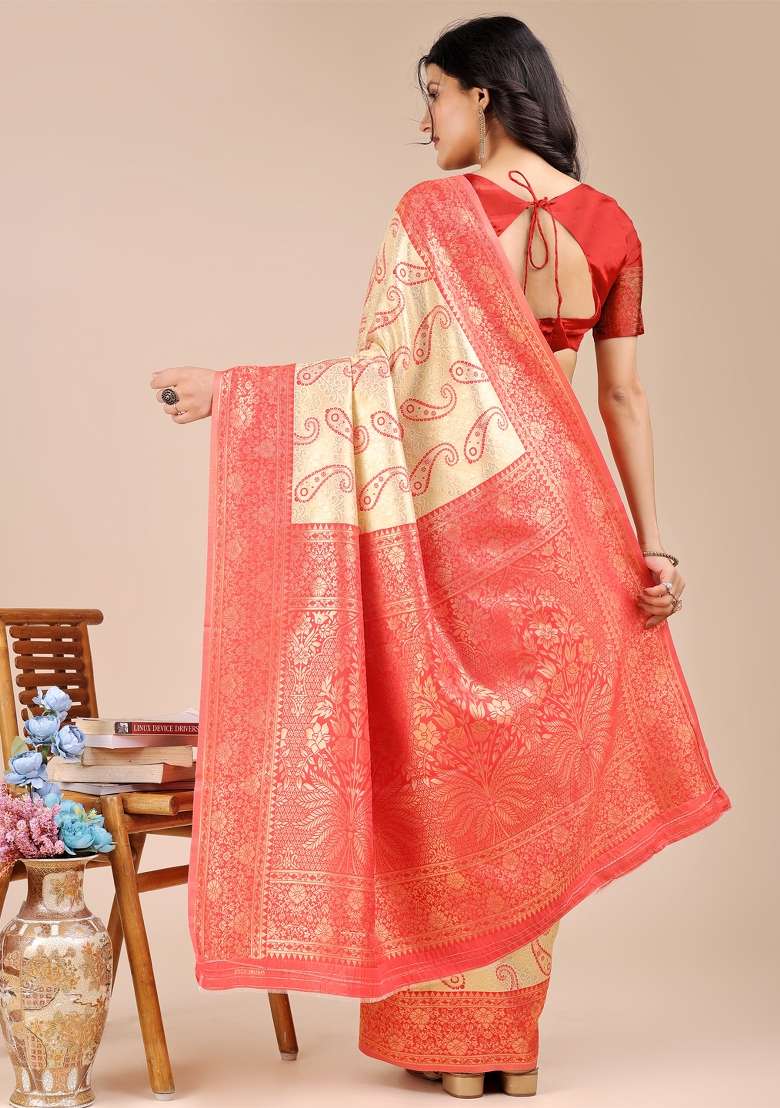 Cream And Red Woven Zari Work Banarasi Silk Saree Set - Indya