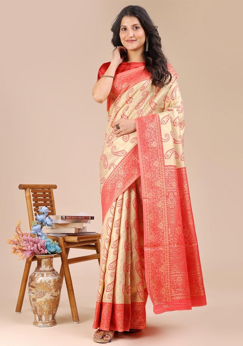 Cream And Red Woven Zari Work Banarasi Silk Saree Set
