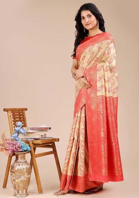 Cream And Red Woven Zari Work Banarasi Silk Saree Set