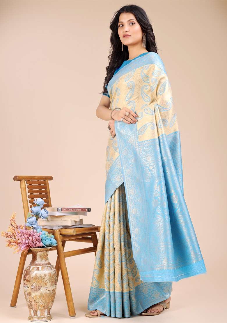 Cream And Sky Blue Woven Zari Work Banarasi Silk Saree Set - Indya