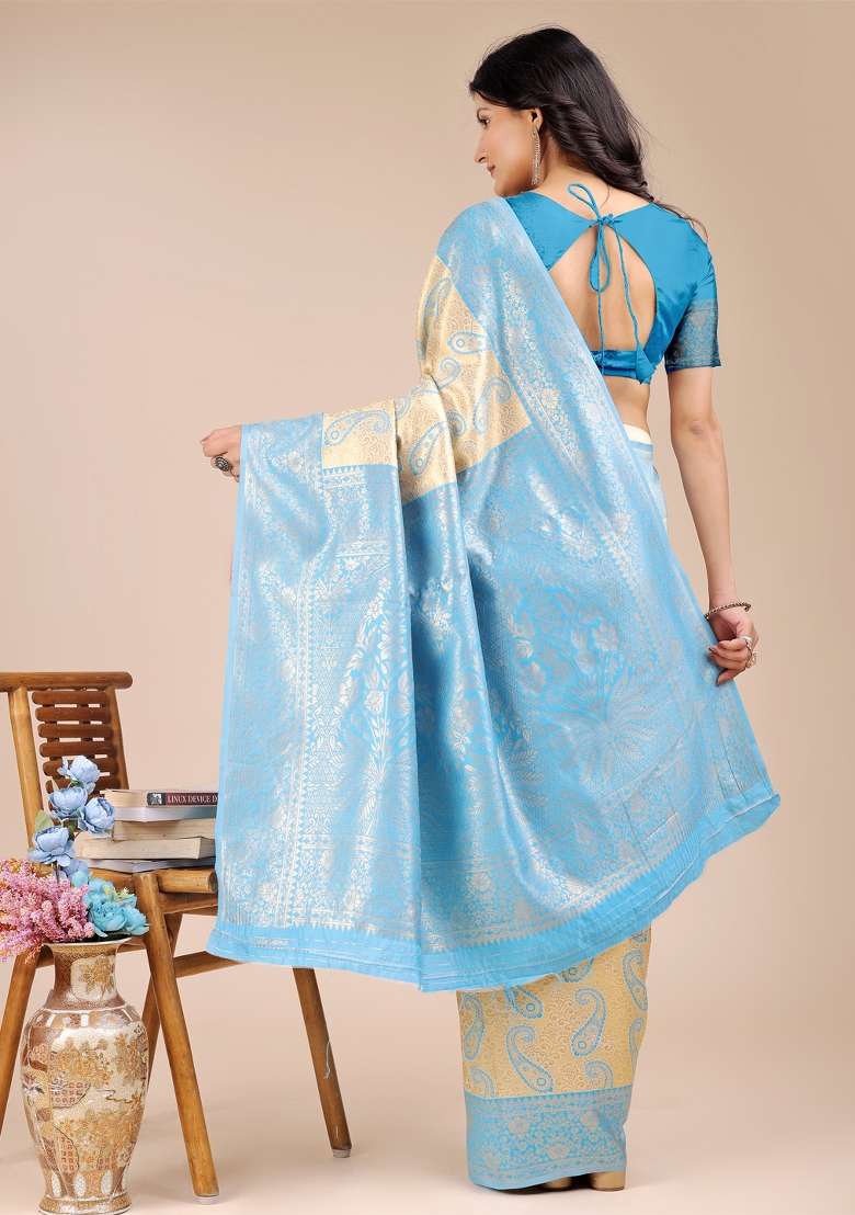 Cream And Sky Blue Woven Zari Work Banarasi Silk Saree Set - Indya