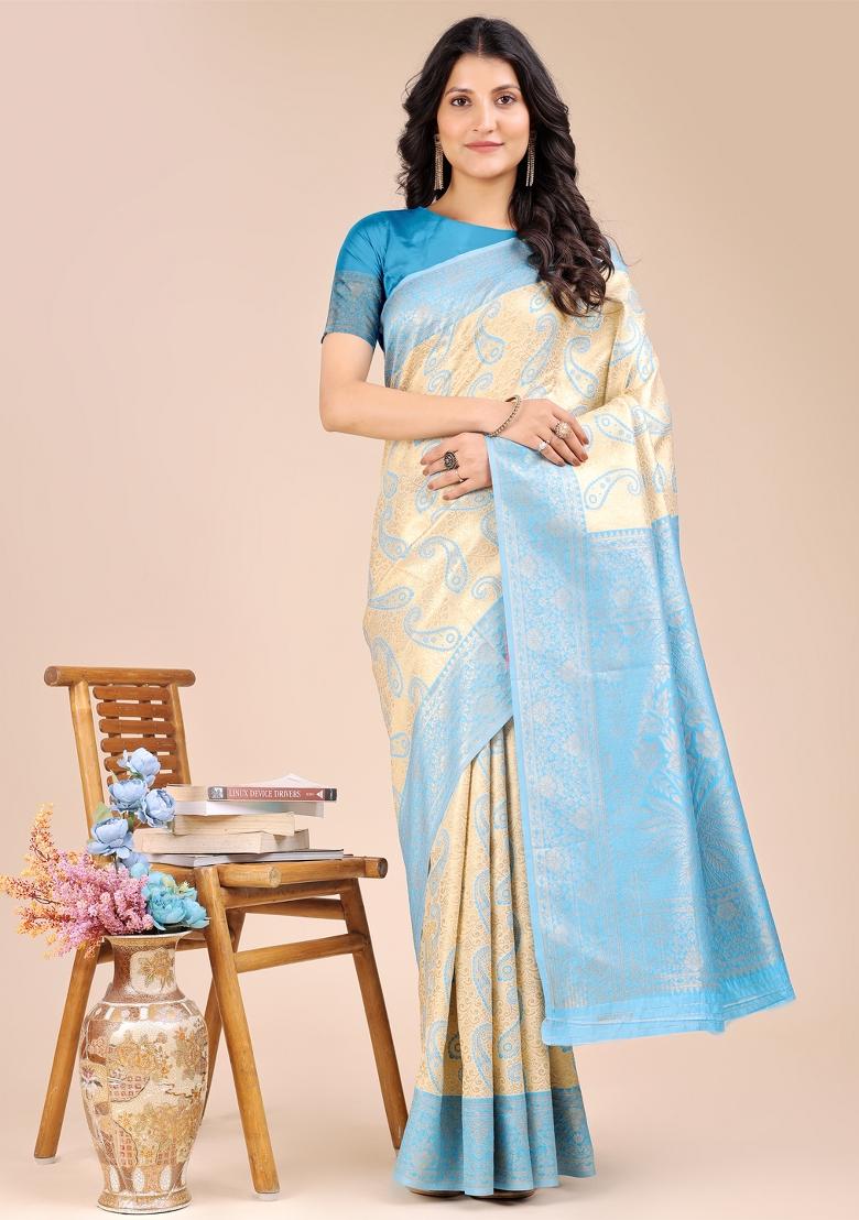 Cream And Sky Blue Woven Zari Work Banarasi Silk Saree Set