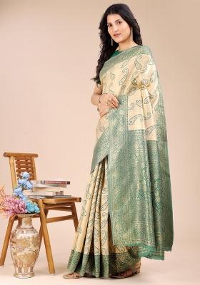 Cream And Green Woven Zari Work Banarasi Silk Saree Set