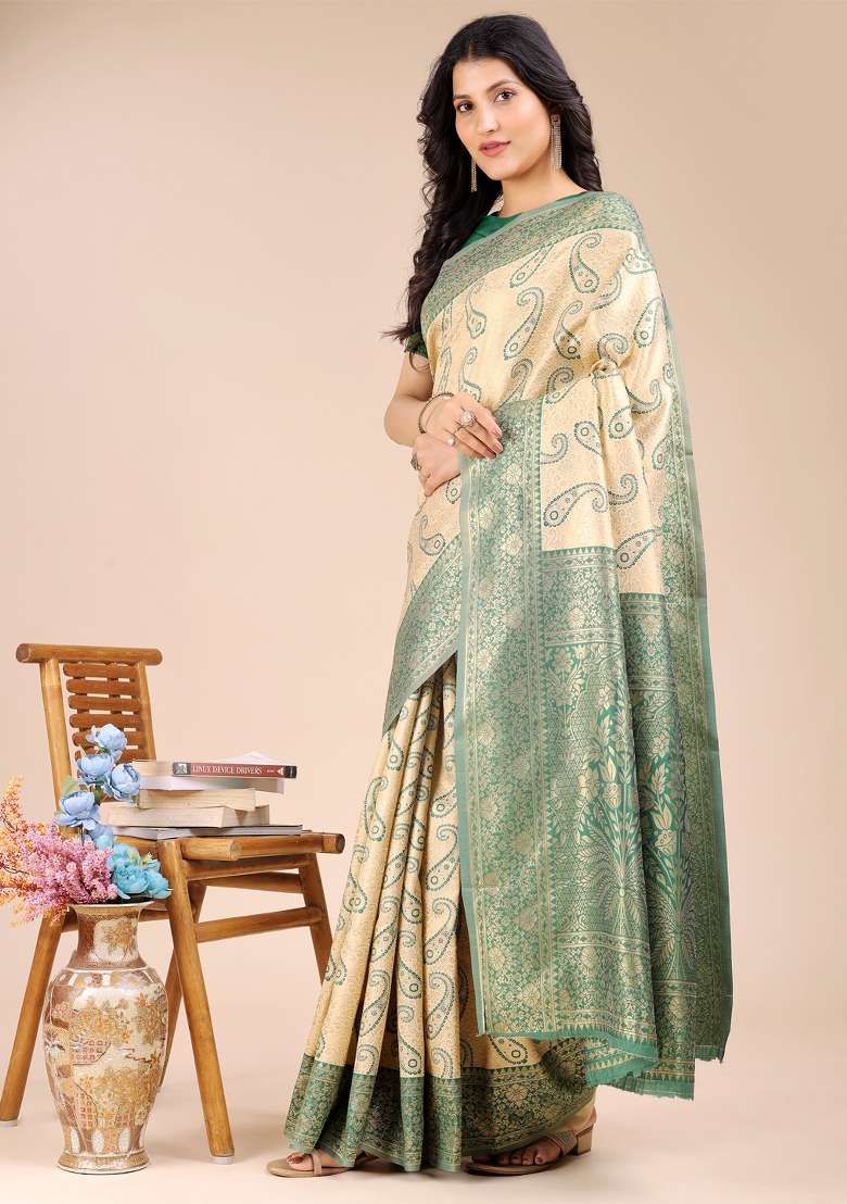 Cream And Green Woven Zari Work Banarasi Silk Saree Set - Indya