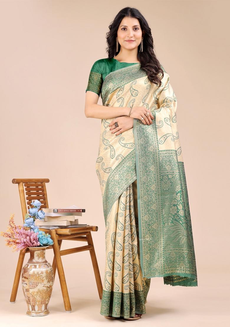 Cream And Green Woven Zari Work Banarasi Silk Saree Set