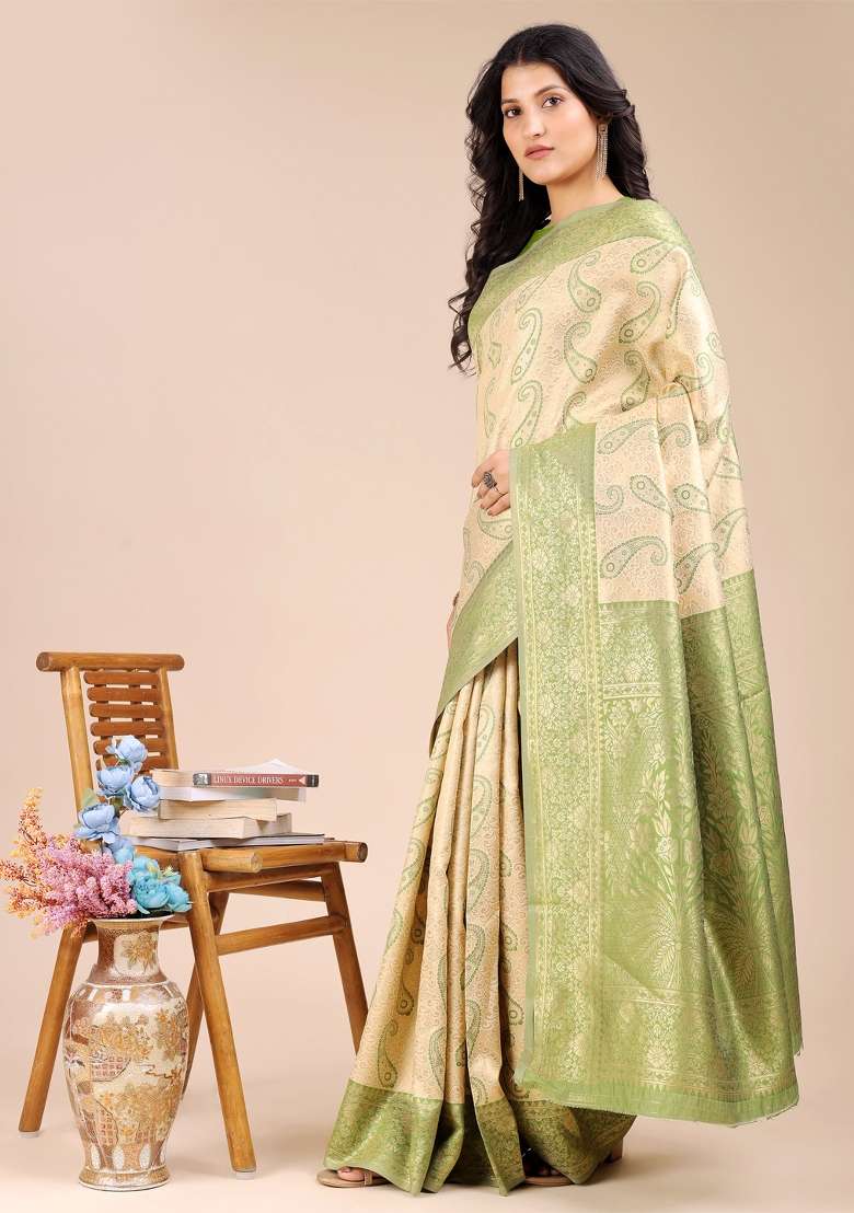 Cream And Light Green Woven Zari Work Banarasi Silk Saree Set - Indya