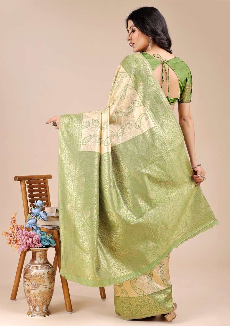Cream And Light Green Woven Zari Work Banarasi Silk Saree Set - Indya