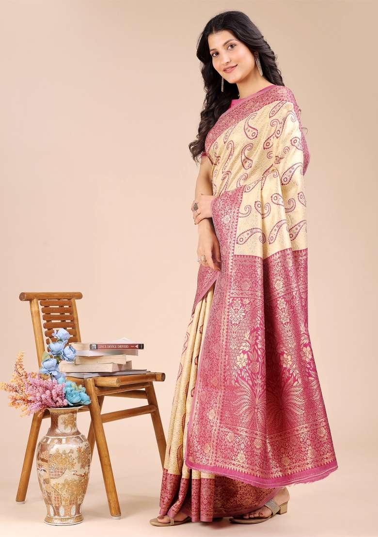 Cream And Magenta Woven Zari Work Banarasi Silk Saree Set - Indya
