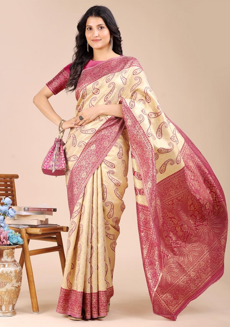 Cream And Magenta Woven Zari Work Banarasi Silk Saree Set