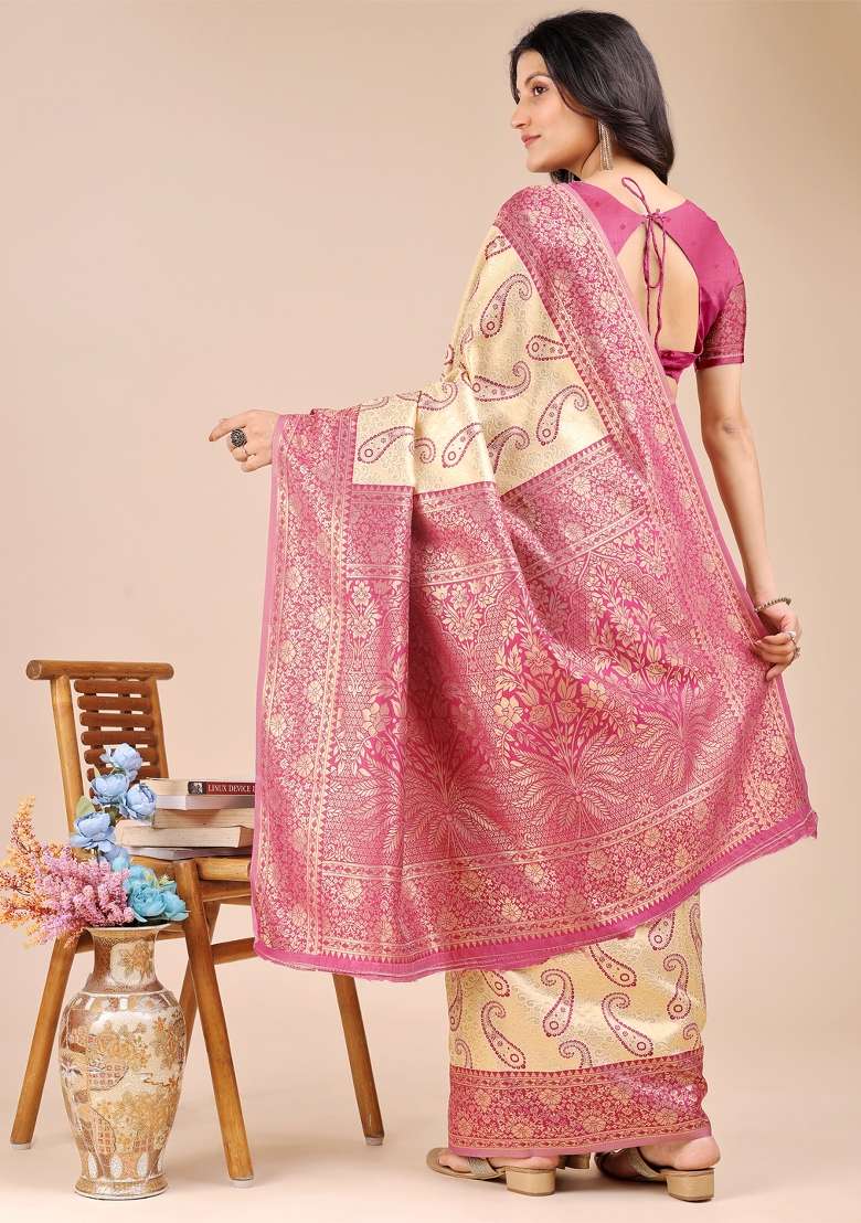 Cream And Magenta Woven Zari Work Banarasi Silk Saree Set - Indya
