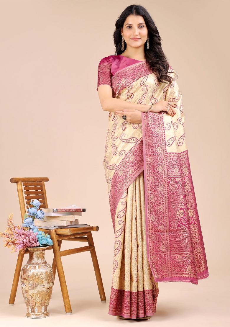 Cream And Magenta Woven Zari Work Banarasi Silk Saree Set