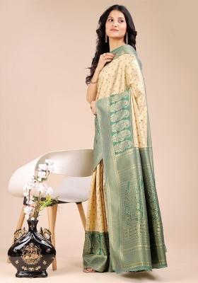 Cream And Green Woven Zari Work Banarasi Silk Saree Set