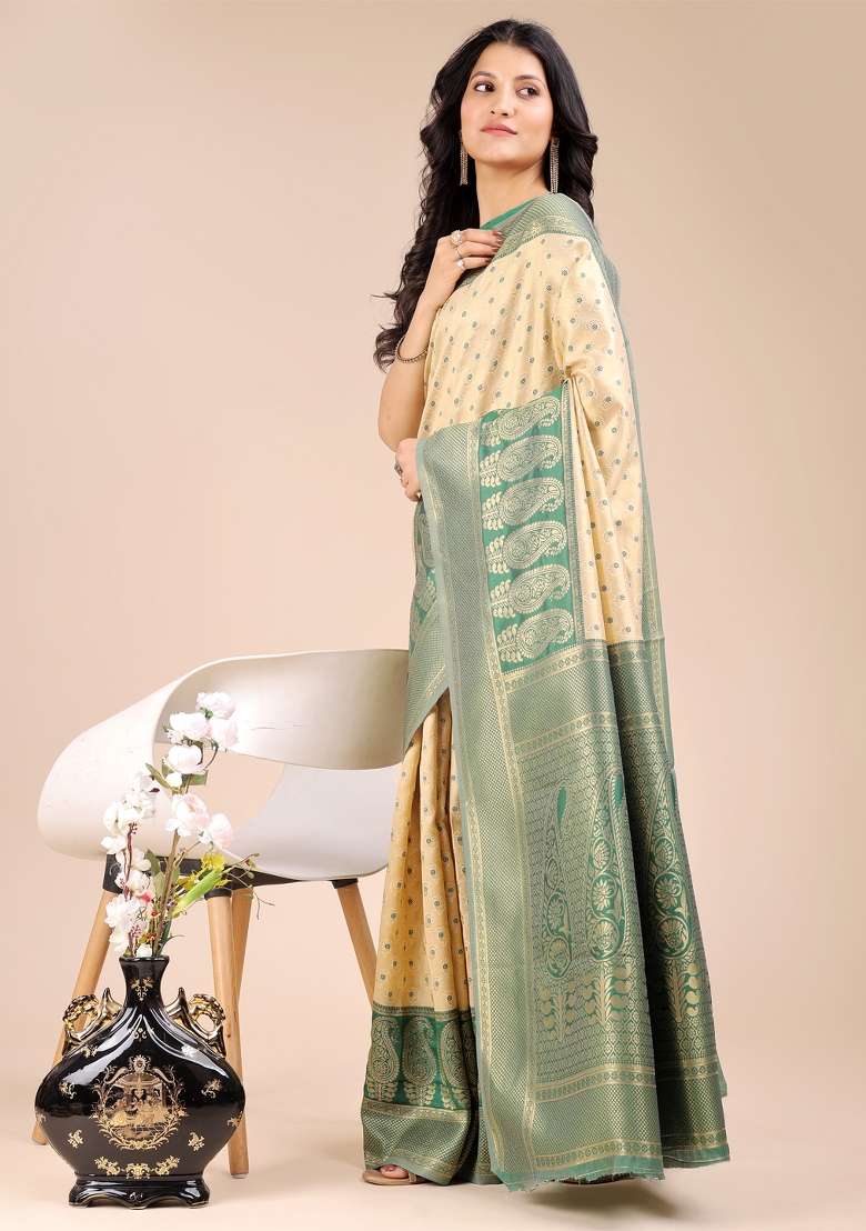 Cream And Green Woven Zari Work Banarasi Silk Saree Set - Indya