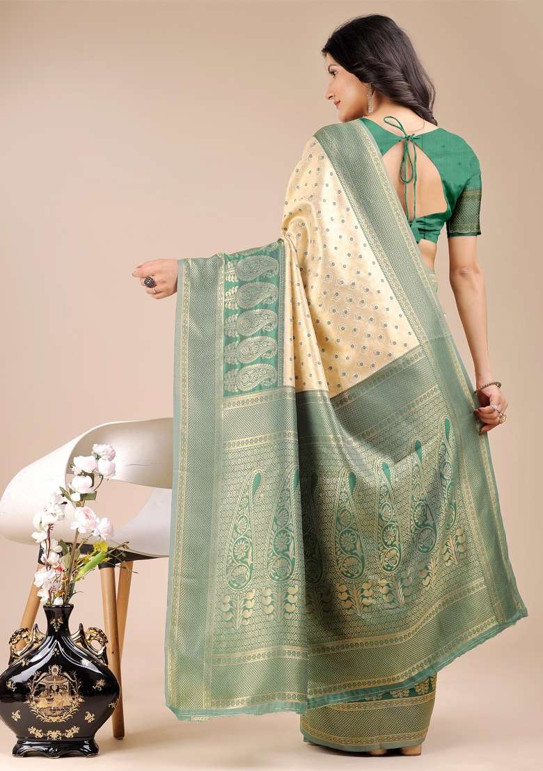 Cream And Green Woven Zari Work Banarasi Silk Saree Set - Indya