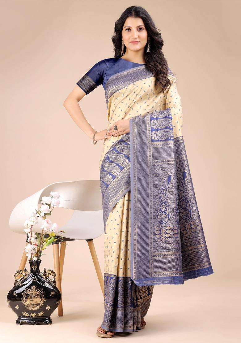 Cream And Navy Blue Woven Zari Work Banarasi Silk Saree Set