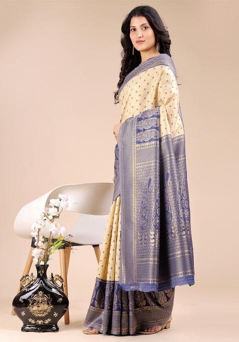 Cream And Navy Blue Woven Zari Work Banarasi Silk Saree Set