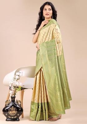 Cream And Light Green Woven Zari Work Banarasi Silk Saree Set