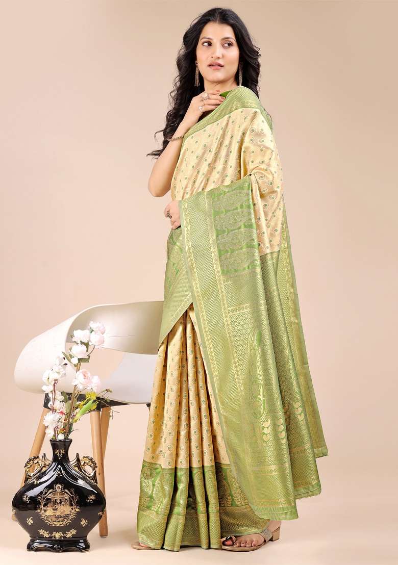 Cream And Light Green Woven Zari Work Banarasi Silk Saree Set - Indya