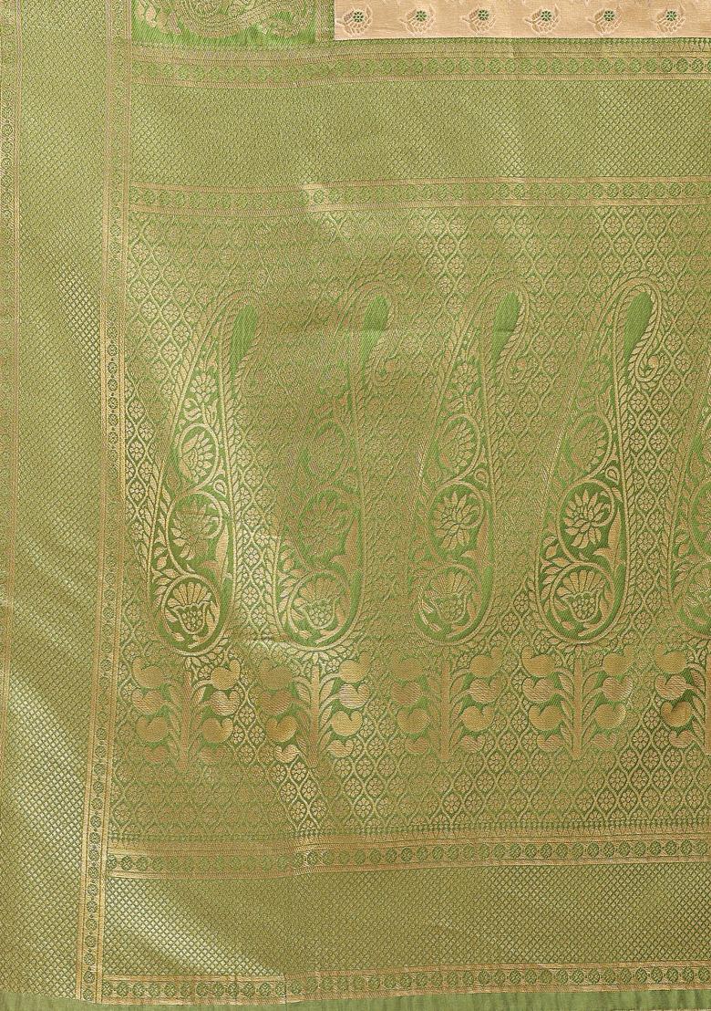 Cream And Light Green Woven Zari Work Banarasi Silk Saree Set