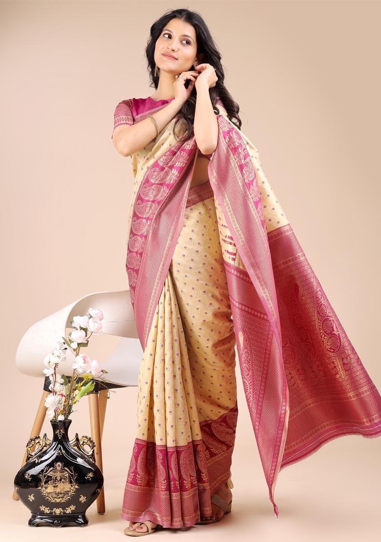 Cream And Magenta Woven Zari Work Banarasi Silk Saree Set