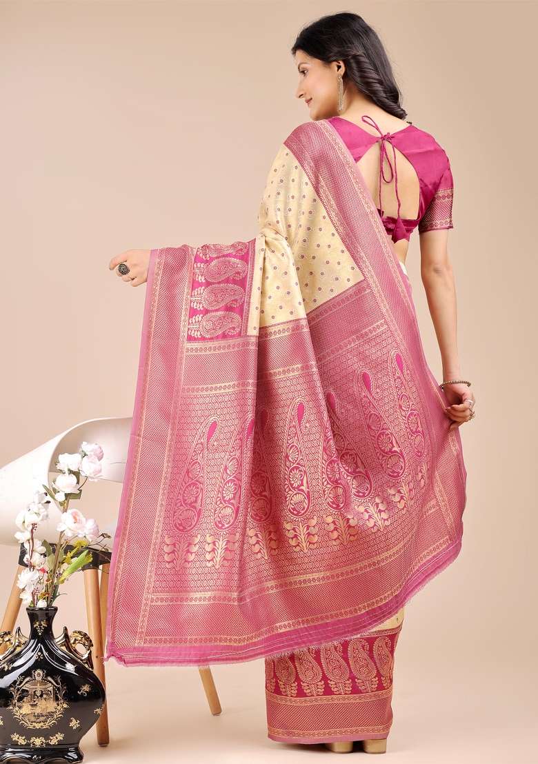 Cream And Magenta Woven Zari Work Banarasi Silk Saree Set - Indya