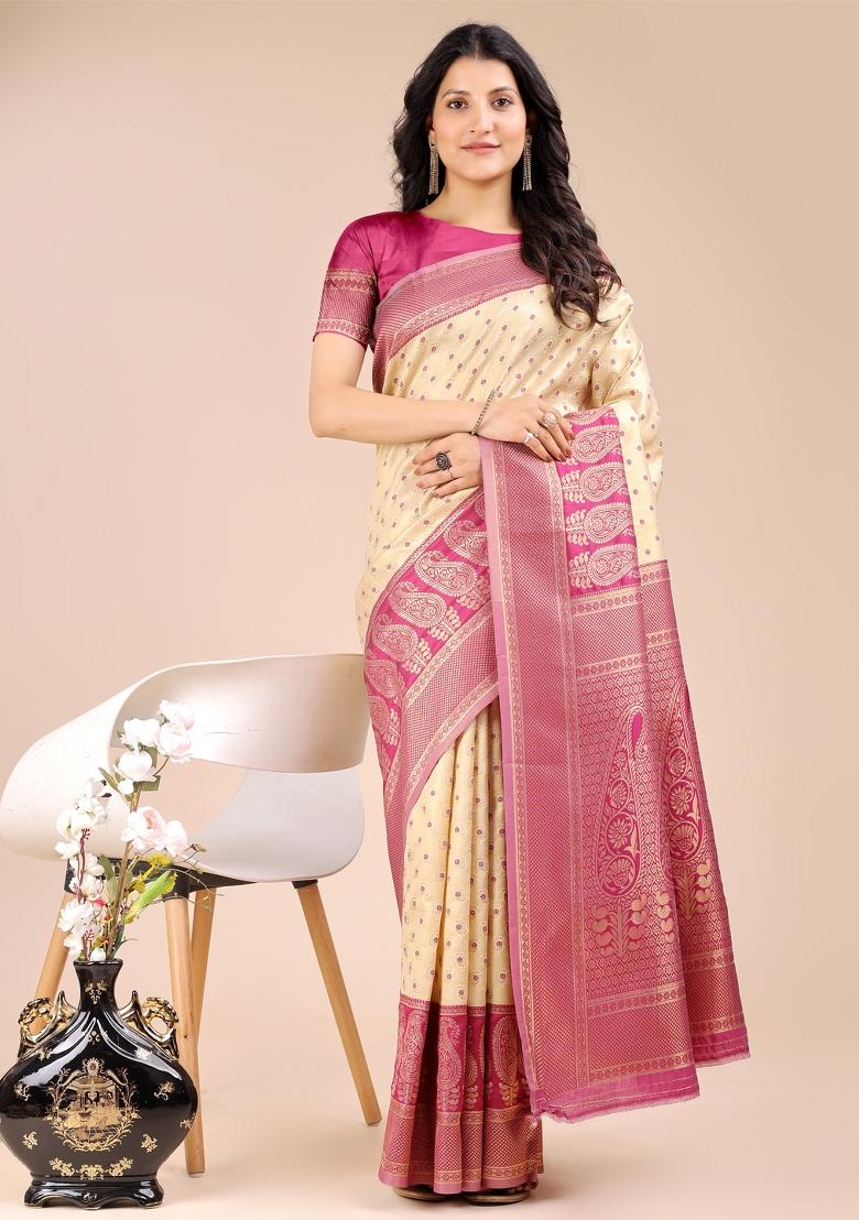 Cream And Magenta Woven Zari Work Banarasi Silk Saree Set