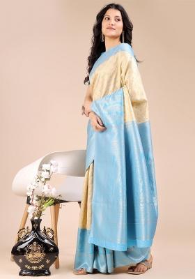 Cream And Sky Blue Woven Zari Work Banarasi Silk Saree Set