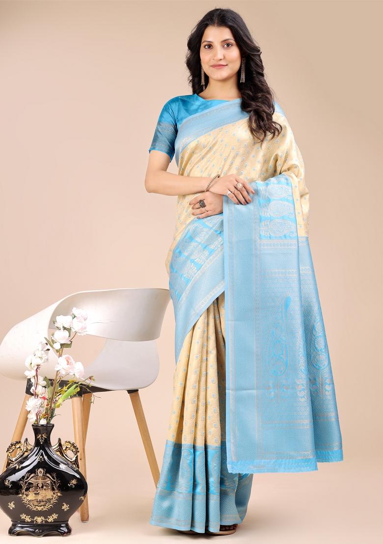 Cream And Sky Blue Woven Zari Work Banarasi Silk Saree Set