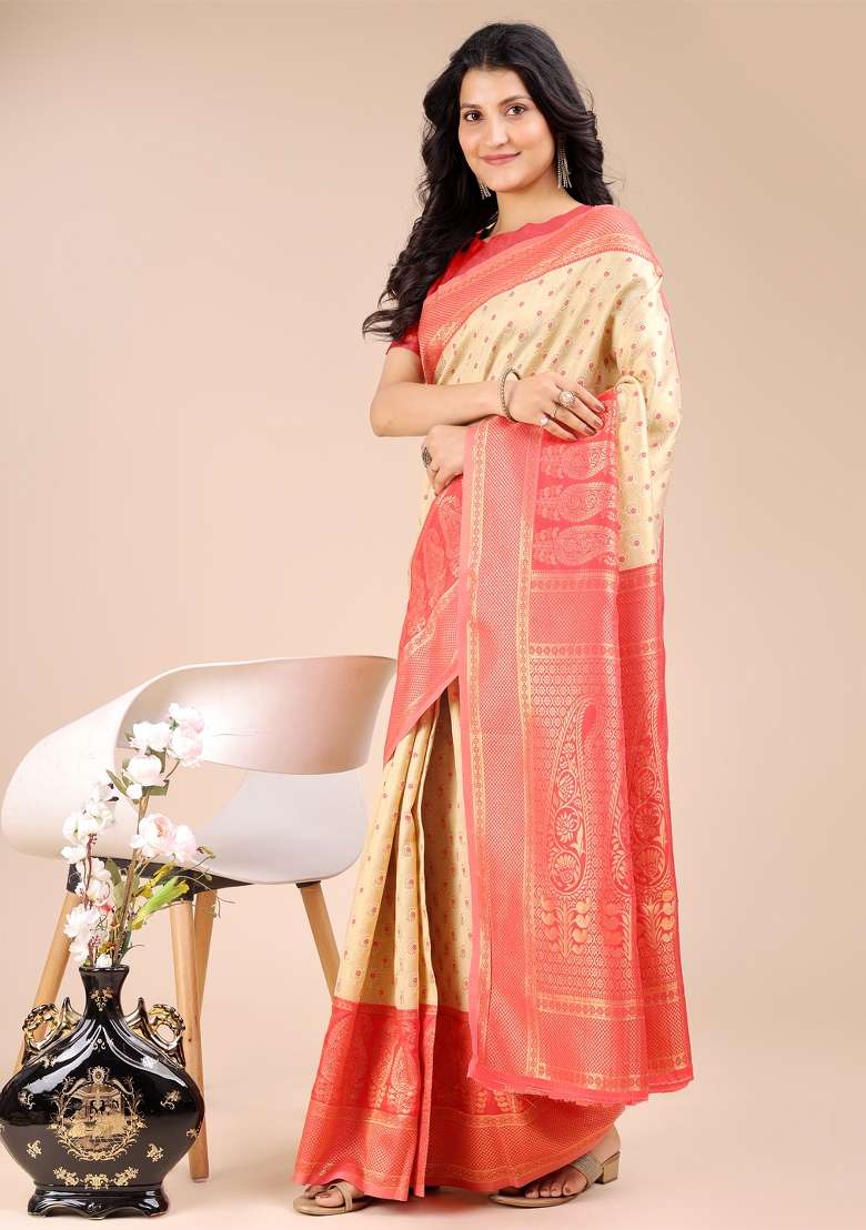 Cream And Red Woven Zari Work Banarasi Silk Saree Set - Indya