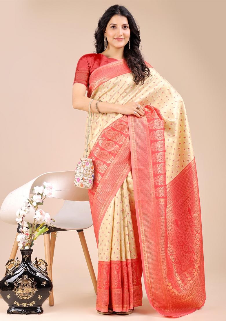 Cream And Red Woven Zari Work Banarasi Silk Saree Set