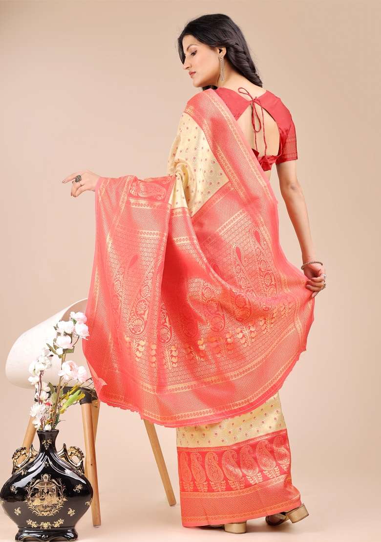 Cream And Red Woven Zari Work Banarasi Silk Saree Set - Indya