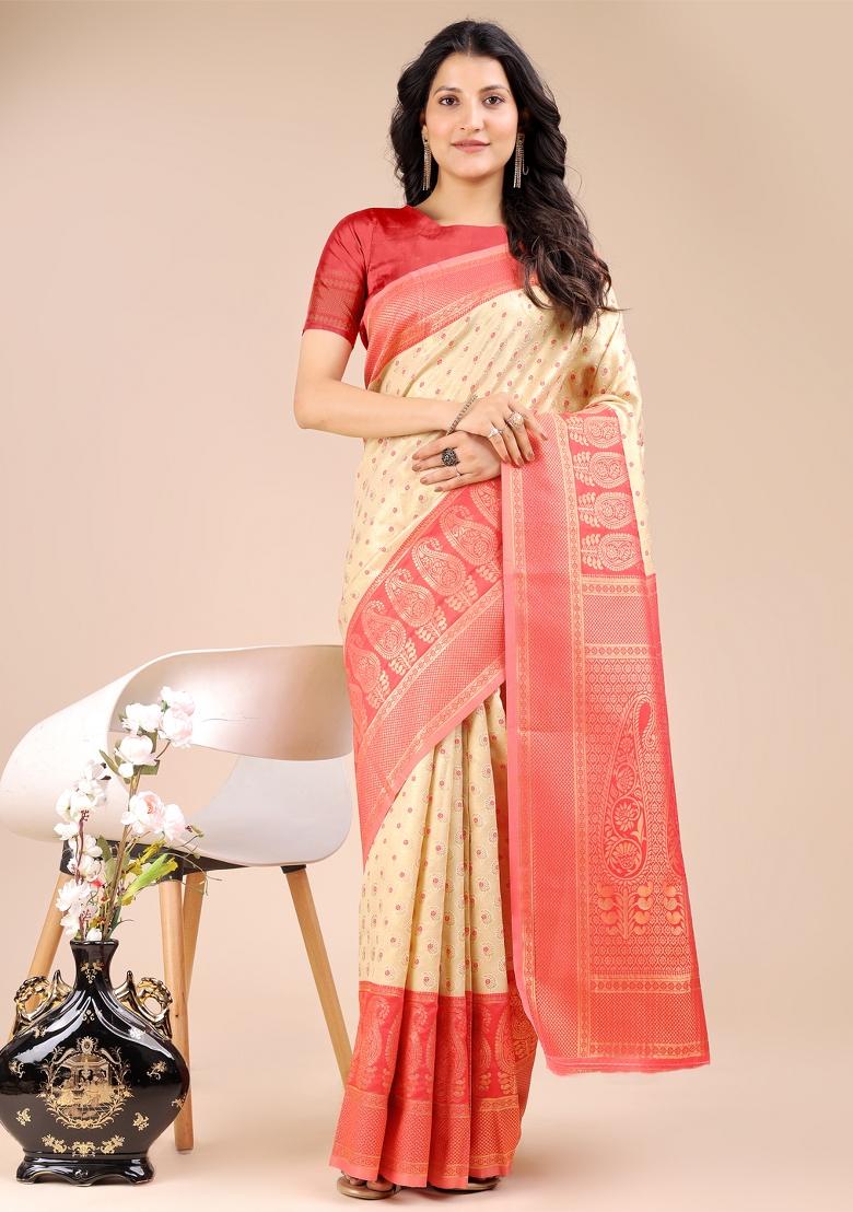 Cream And Red Woven Zari Work Banarasi Silk Saree Set