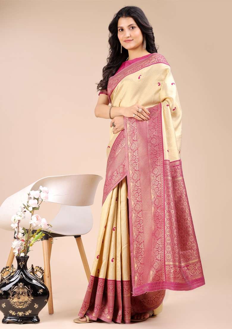 Cream And Magenta Woven Zari Work Banarasi Silk Saree Set - Indya