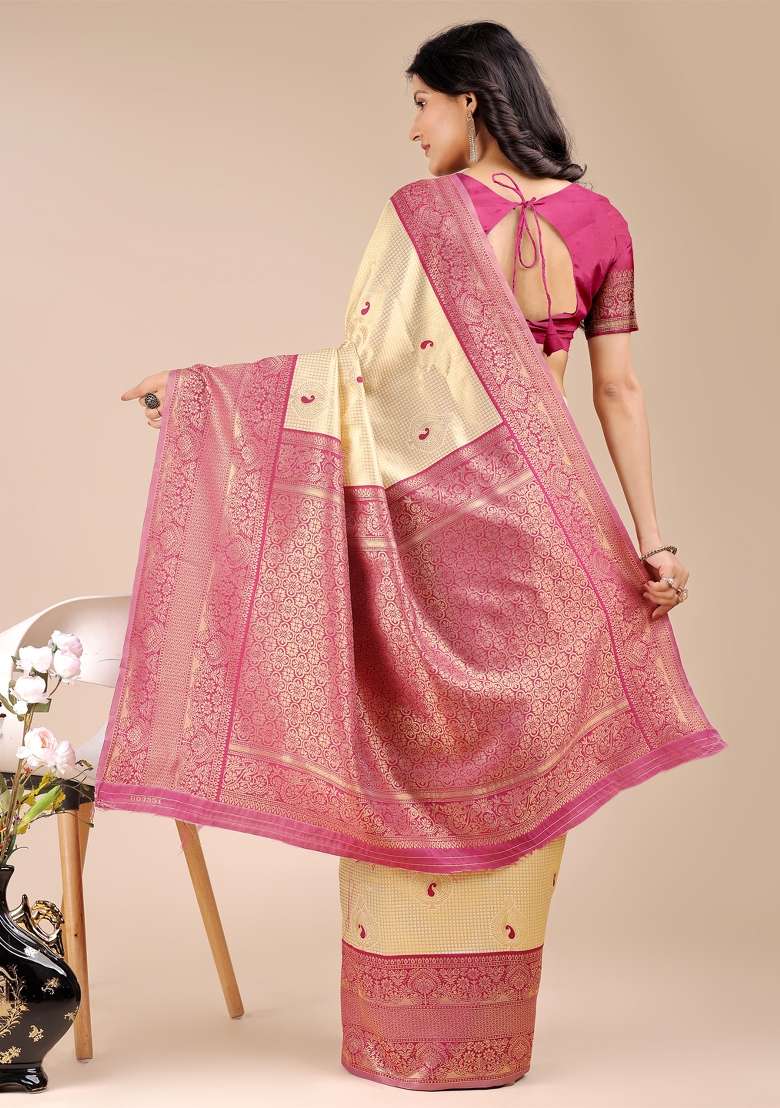 Cream And Magenta Woven Zari Work Banarasi Silk Saree Set - Indya