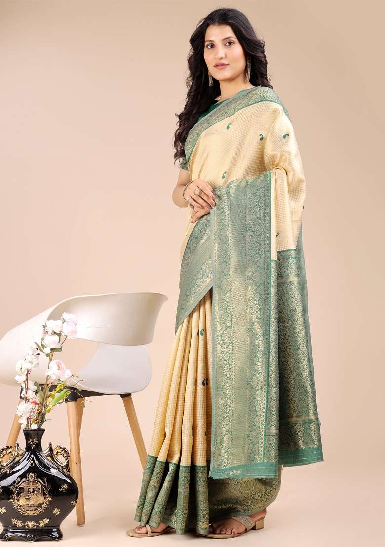 Cream And Green Woven Zari Work Banarasi Silk Saree Set - Indya