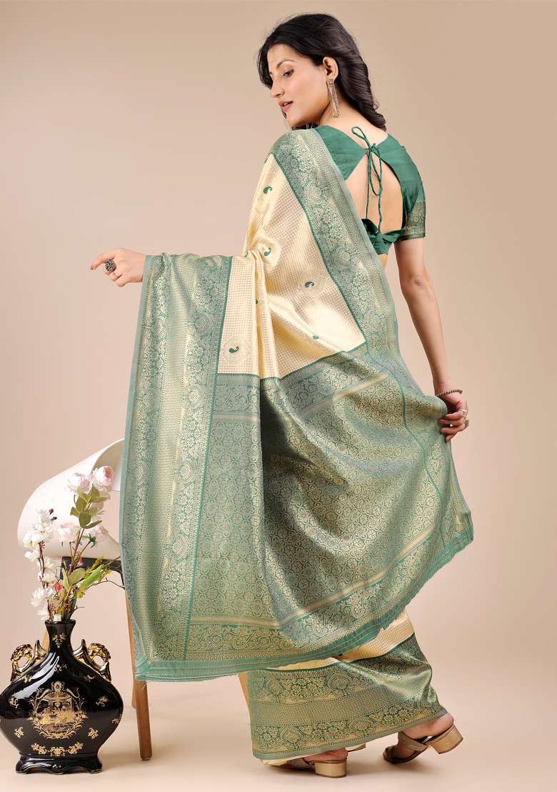 Cream And Green Woven Zari Work Banarasi Silk Saree Set - Indya