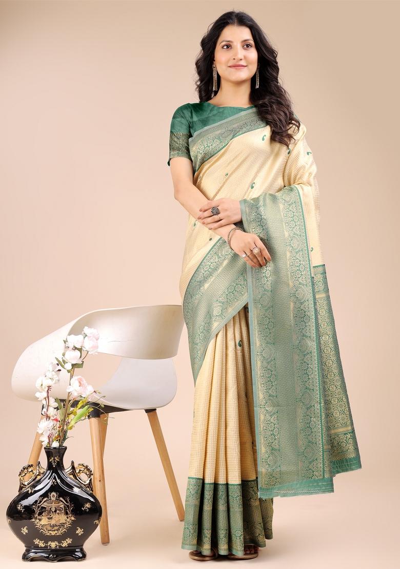 Cream And Green Woven Zari Work Banarasi Silk Saree Set