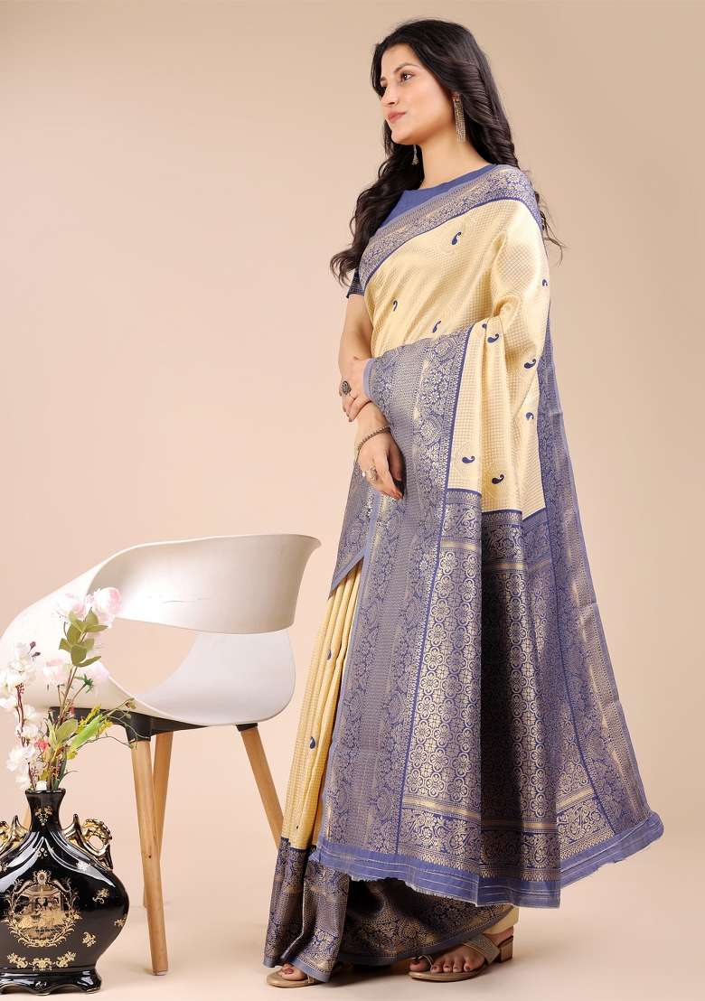 Cream And Navy Blue Woven Zari Work Banarasi Silk Saree Set - Indya