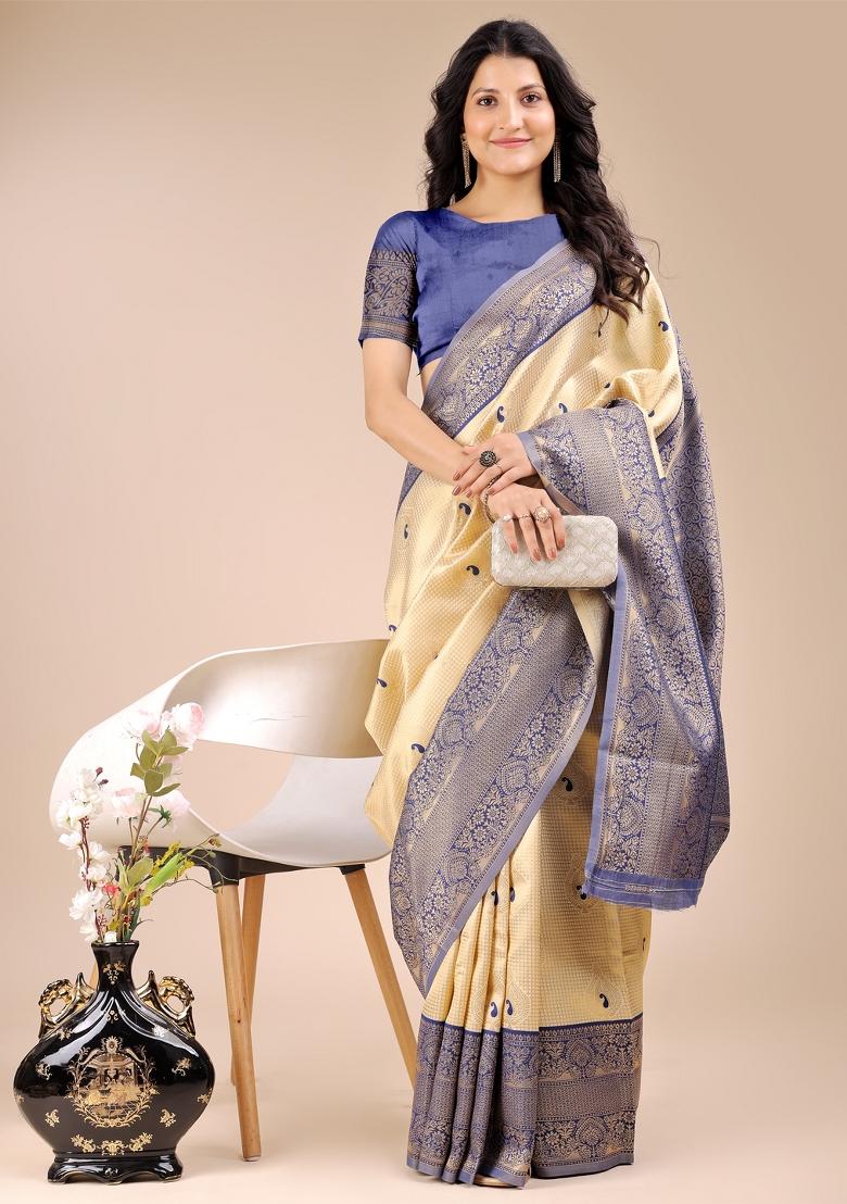 Cream And Navy Blue Woven Zari Work Banarasi Silk Saree Set