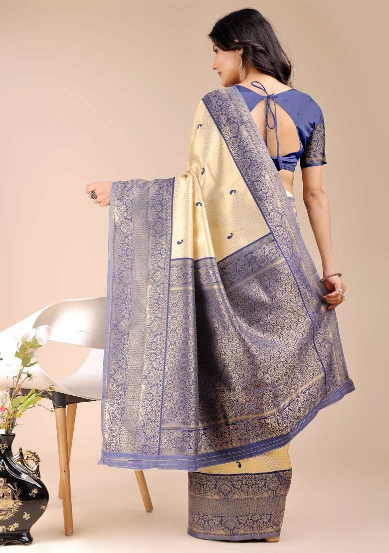 Cream And Navy Blue Woven Zari Work Banarasi Silk Saree Set - Indya