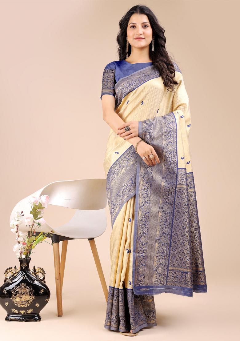 Cream And Navy Blue Woven Zari Work Banarasi Silk Saree Set